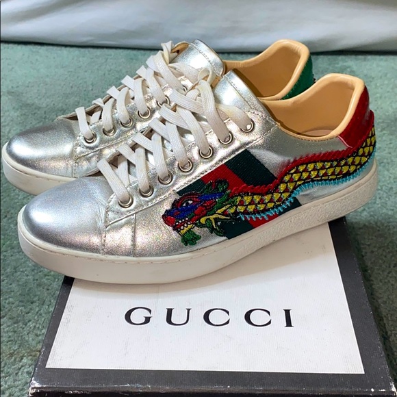 Gucci Shoes Ace Metallic Embroidered Dragon